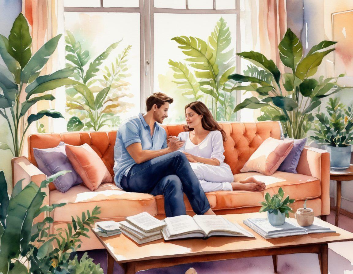 A serene setting depicting a diverse couple engaging in a deep emotional conversation on a plush sofa, surrounded by soft lighting and plants that symbolize growth. Elements representing physical intimacy, like intertwined hands and a cozy atmosphere, should enhance the warmth of the scene. Include books on intimacy and wellness on a nearby table to signify learning and empowerment. Art style could be modern watercolor with soft pastels.