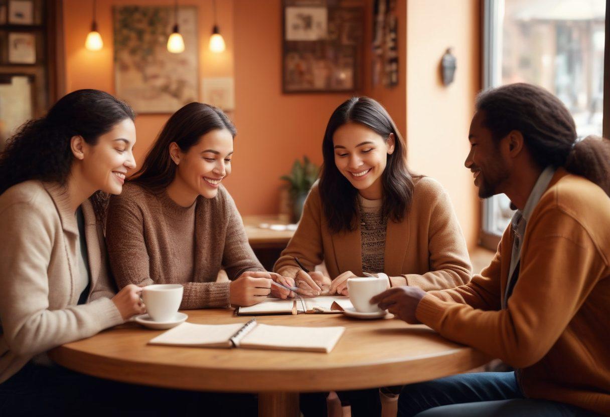 A diverse group of adults engaged in friendly conversation at a cozy café, showcasing a mix of cultures and ages, with soft lighting and warm decor. Include subtle heart motifs and connection symbols in the background to represent healthy relationships. A notepad and coffee cups on the table, suggesting an atmosphere of sharing tips and experiences. super-realistic. warm colors. inviting ambiance.