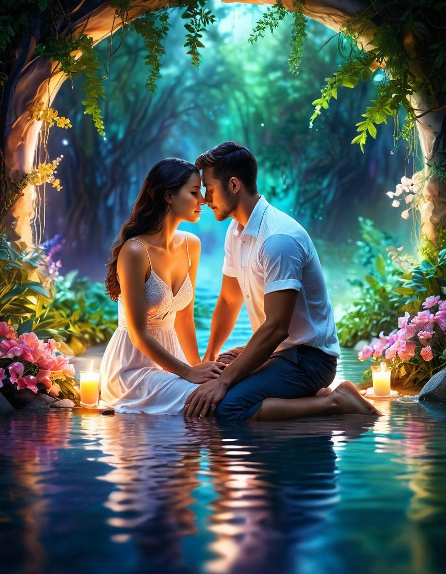A serene and inviting scene featuring a couple engaged in a tender moment, surrounded by ethereal elements symbolizing desire and intimacy, like soft glowing lights and abstract shapes representing emotions. Include calming colors and organic shapes that evoke warmth, connection, and openness. Elements of nature, such as flowers and gentle water, should flow around them to enhance the theme of wellness. super-realistic. vibrant colors. soft focus.
